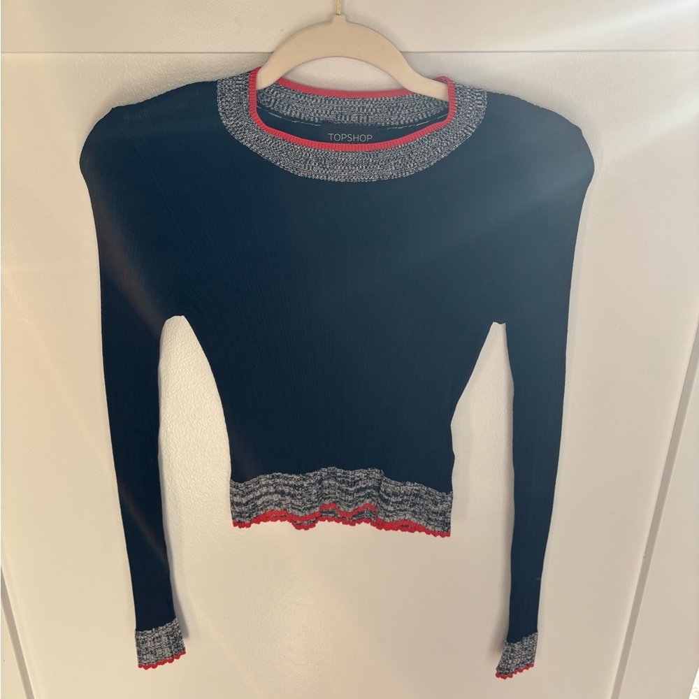 Topshop Black Ribbed Sweater with Grey Knit Collar and Red Trim